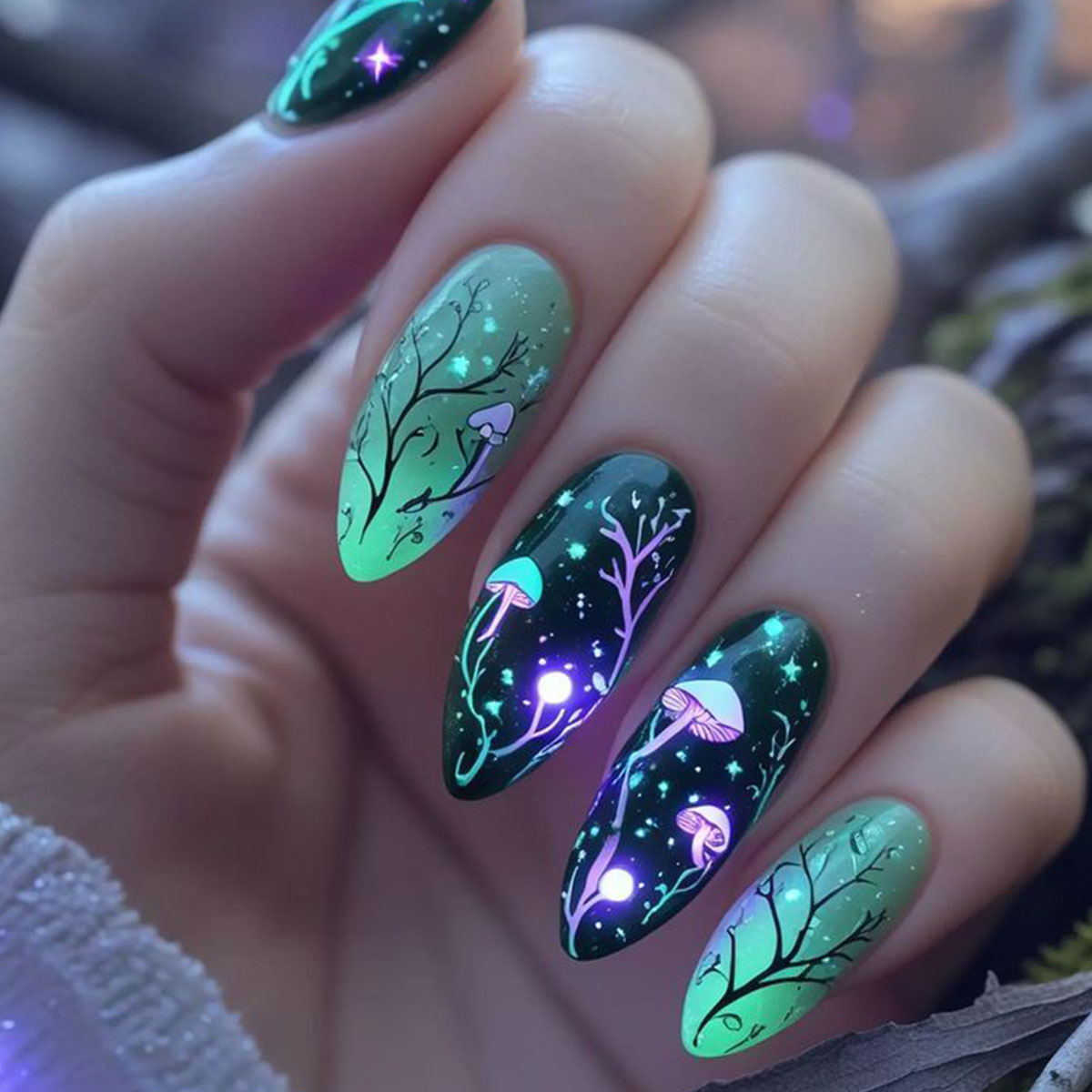 Nail Art Press On - 아몬드 프레스온 네일 버섯 모양 가짜