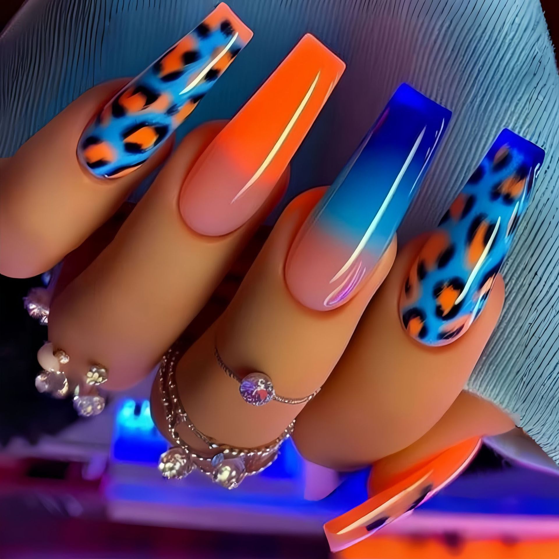 Nail Art Orange - 여성용 그라데이션 오렌지 블루 인조 손톱