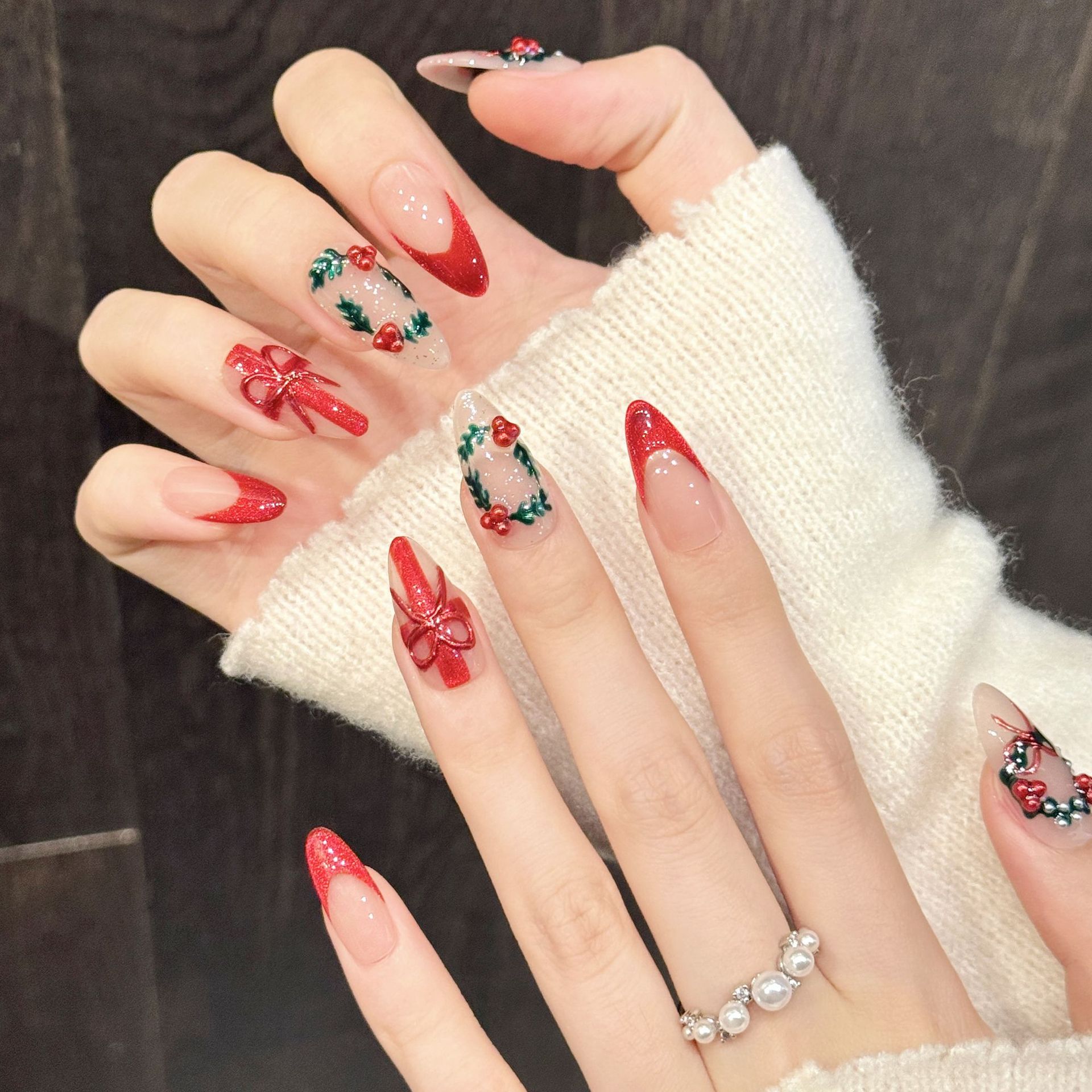 크리스마스 레드 누드 미디엄 아몬드 프레스온 네일 10 - Nail Art Press On 리뷰 및 가격