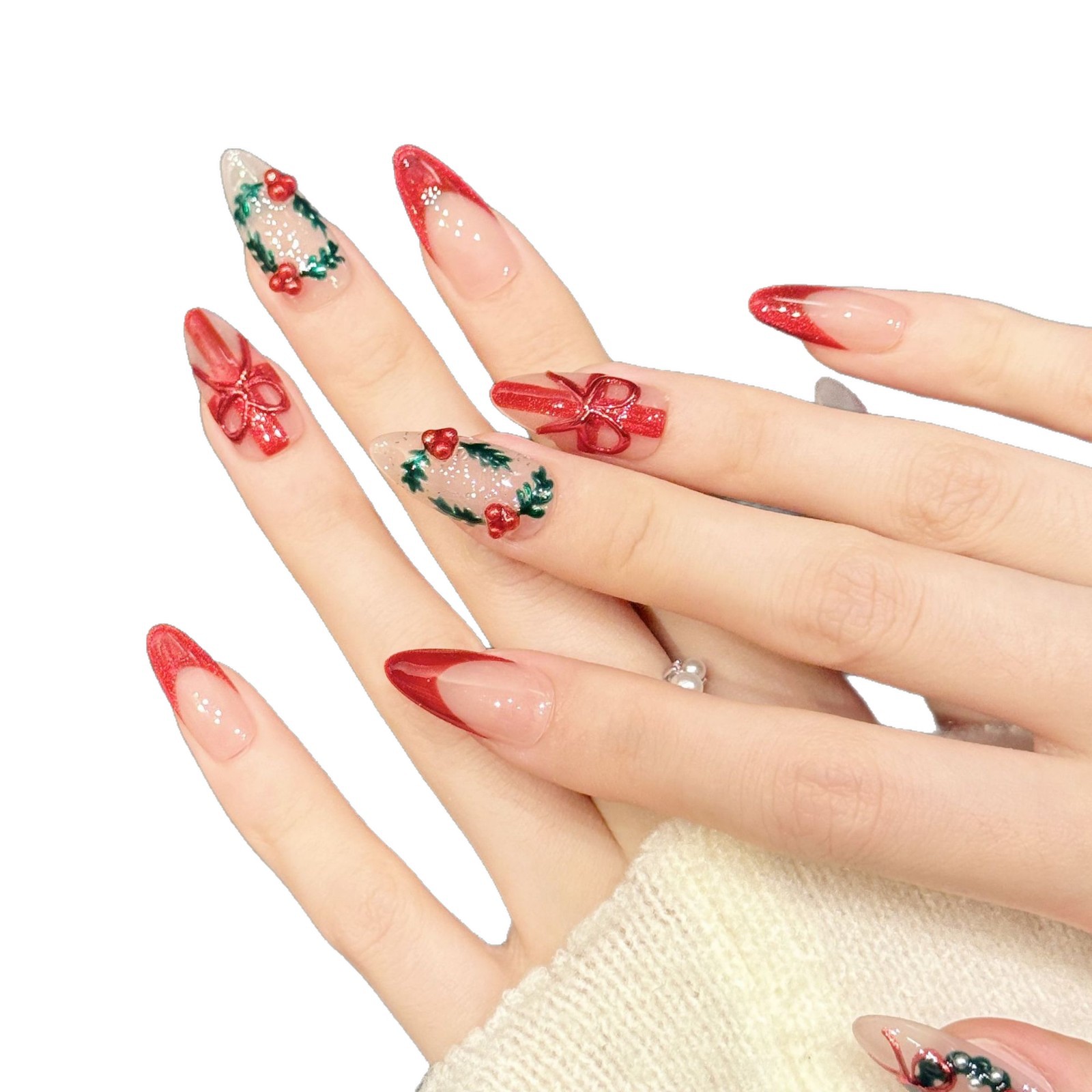 크리스마스 레드 누드 미디엄 아몬드 프레스온 네일 10 - Nail Art Press On 리뷰 및 가격