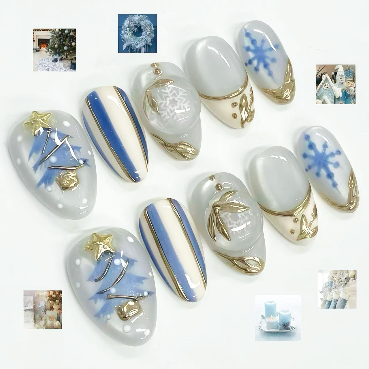 24개입 크리스마스 테마의 파란색 중간 길이 아몬드 모 - Nail Art Press On 리뷰 및 가격