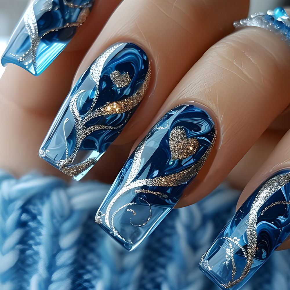 24개 블루 프레스온 네일 스파이시 걸 골드 스트라이프 - Nail Art Press On 리뷰 및 가격