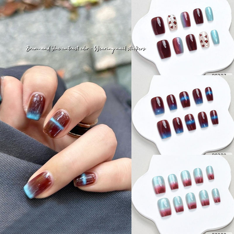 10개입 가을 겨울 신상 블루 브라운 배색 네일아트 네 - Nail Art Press On 리뷰 및 가격
