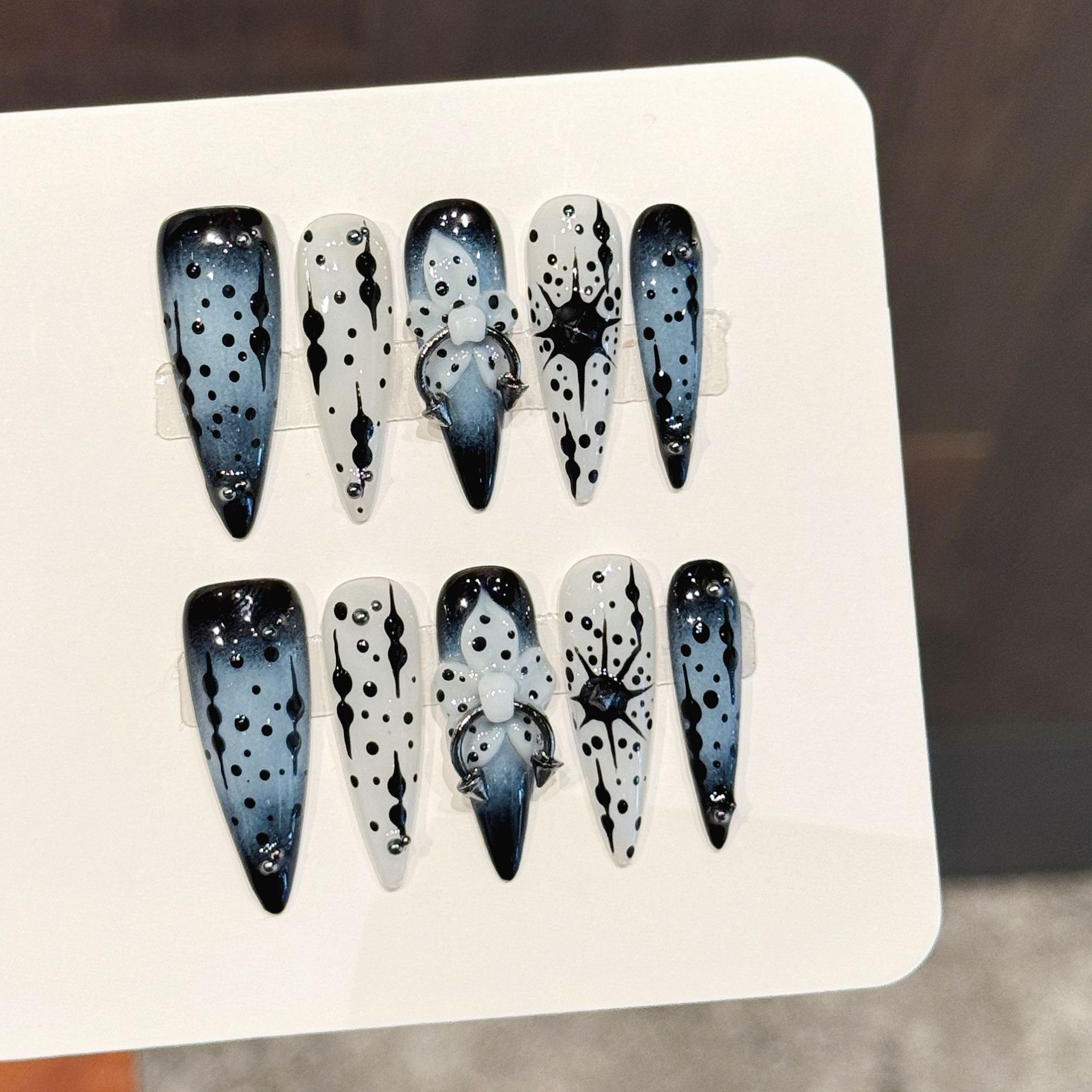 10개 그라데이션 잉크 블루 수제 인조 손톱 다크 스타 - Nail Art Press On 리뷰 및 가격
